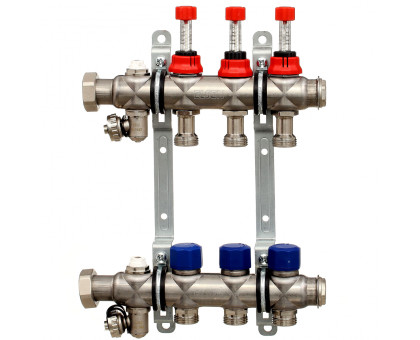 Коллекторная группа ELSEN, 1", 9 контуров, размер отвода-3/4", с вентилями и расходомерами, нержавеющая ст