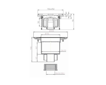 Трап Hutterer & Lechner вертикальный, с "сухим" сифоном, с выпуском под трубу SML, с чугунной решеткой (1,5 т), DN 50